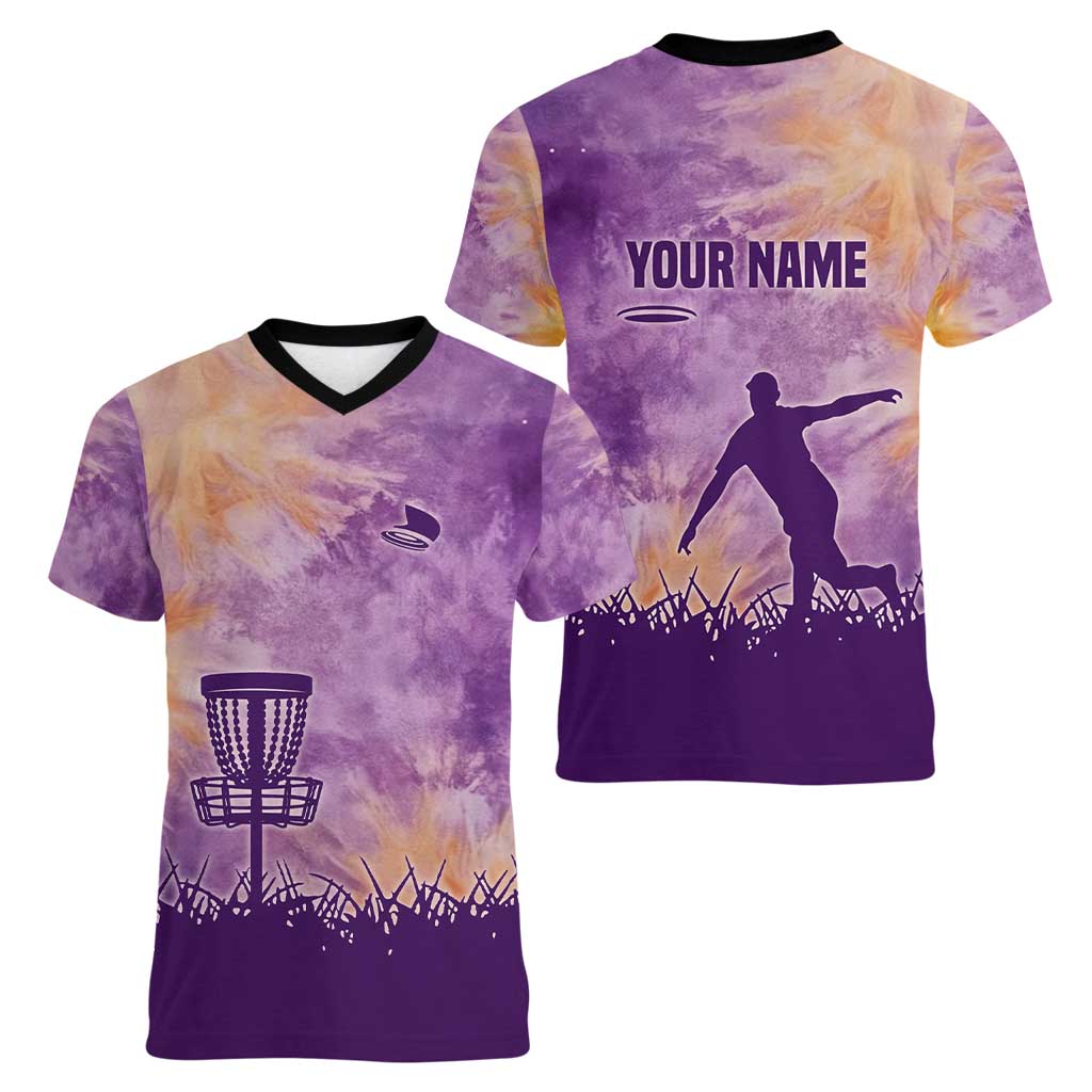 Custom Disc Golf Women V-Neck T-Shirt with Purple Sunset Tie Dye Basket and Player Silhouette - Wonder Print Shop