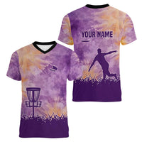 Custom Disc Golf Women V-Neck T-Shirt with Purple Sunset Tie Dye Basket and Player Silhouette - Wonder Print Shop