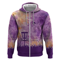 Custom Disc Golf Zip Hoodie with Purple Sunset Tie Dye Basket and Player Silhouette - Wonder Print Shop