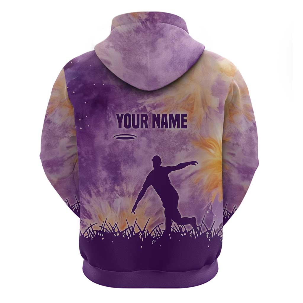 Custom Disc Golf Zip Hoodie with Purple Sunset Tie Dye Basket and Player Silhouette - Wonder Print Shop
