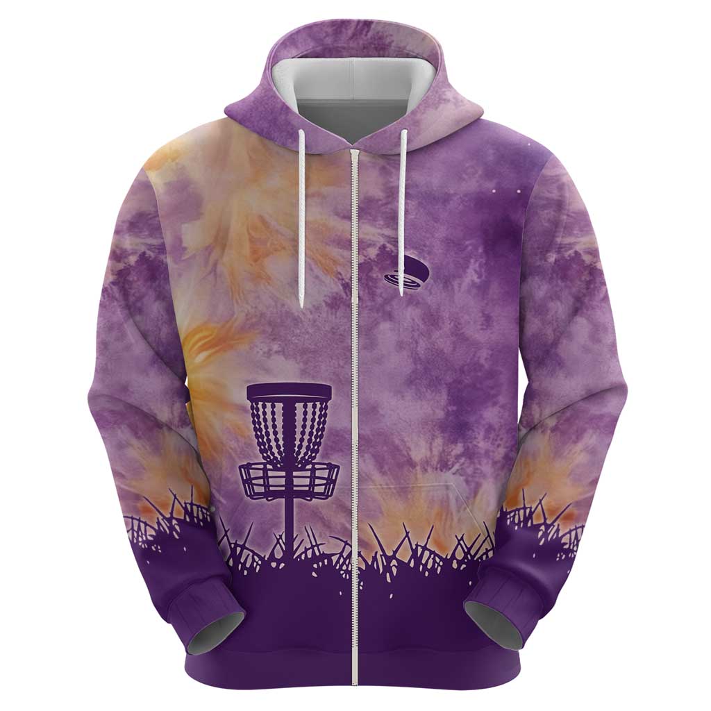 Custom Disc Golf Zip Hoodie with Purple Sunset Tie Dye Basket and Player Silhouette - Wonder Print Shop