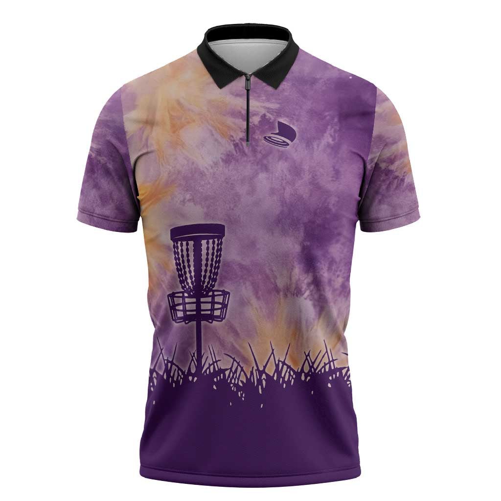 Custom Disc Golf Zipper Polo Shirt with Purple Sunset Tie Dye Basket and Player Silhouette - Wonder Print Shop
