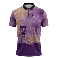 Custom Disc Golf Zipper Polo Shirt with Purple Sunset Tie Dye Basket and Player Silhouette - Wonder Print Shop
