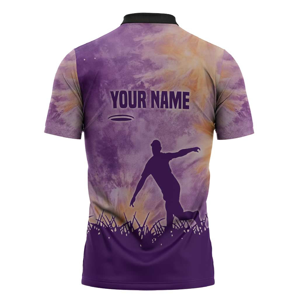 Custom Disc Golf Zipper Polo Shirt with Purple Sunset Tie Dye Basket and Player Silhouette - Wonder Print Shop