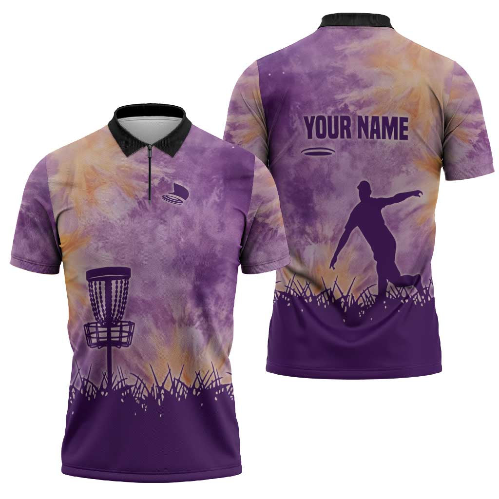 Custom Disc Golf Zipper Polo Shirt with Purple Sunset Tie Dye Basket and Player Silhouette - Wonder Print Shop