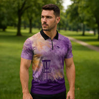 Custom Disc Golf Zipper Polo Shirt with Purple Sunset Tie Dye Basket and Player Silhouette - Wonder Print Shop