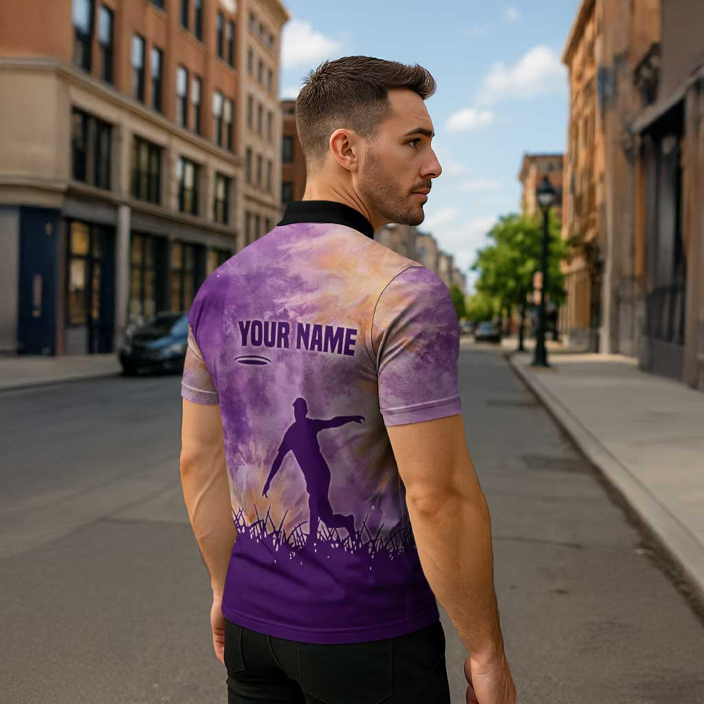 Custom Disc Golf Zipper Polo Shirt with Purple Sunset Tie Dye Basket and Player Silhouette - Wonder Print Shop