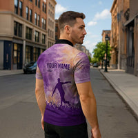 Custom Disc Golf Zipper Polo Shirt with Purple Sunset Tie Dye Basket and Player Silhouette - Wonder Print Shop