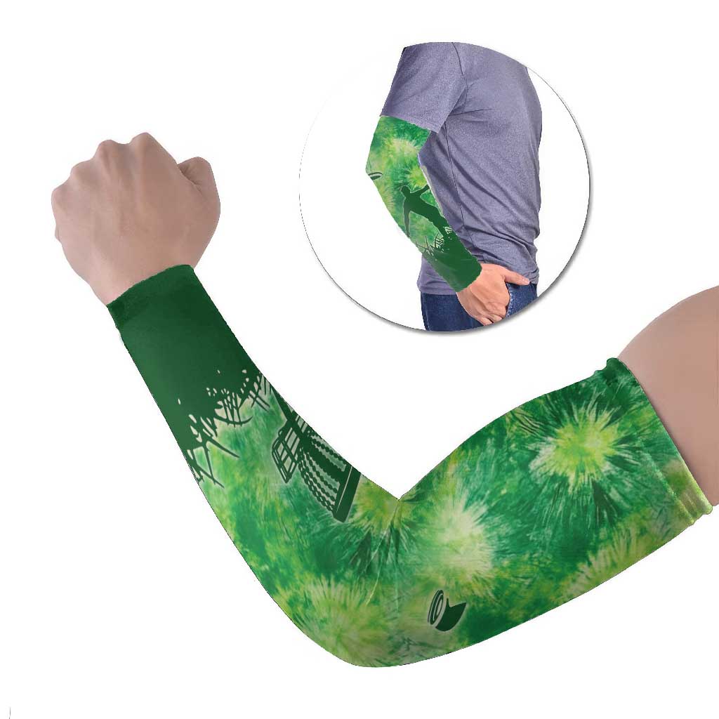 Custom Disc Golf Arm Sleeves with Green Tie Dye Basket and Player Silhouette - Wonder Print Shop