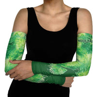 Custom Disc Golf Arm Sleeves with Green Tie Dye Basket and Player Silhouette - Wonder Print Shop
