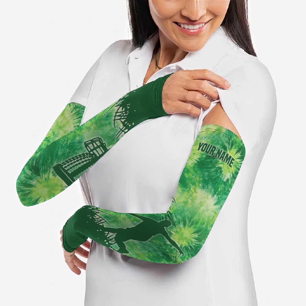 Custom Disc Golf Arm Sleeves with Green Tie Dye Basket and Player Silhouette - Wonder Print Shop