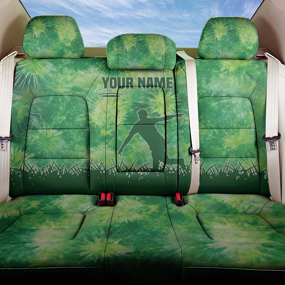 Custom Disc Golf Back Car Seat Cover with Green Tie Dye Basket and Player Silhouette - Wonder Print Shop