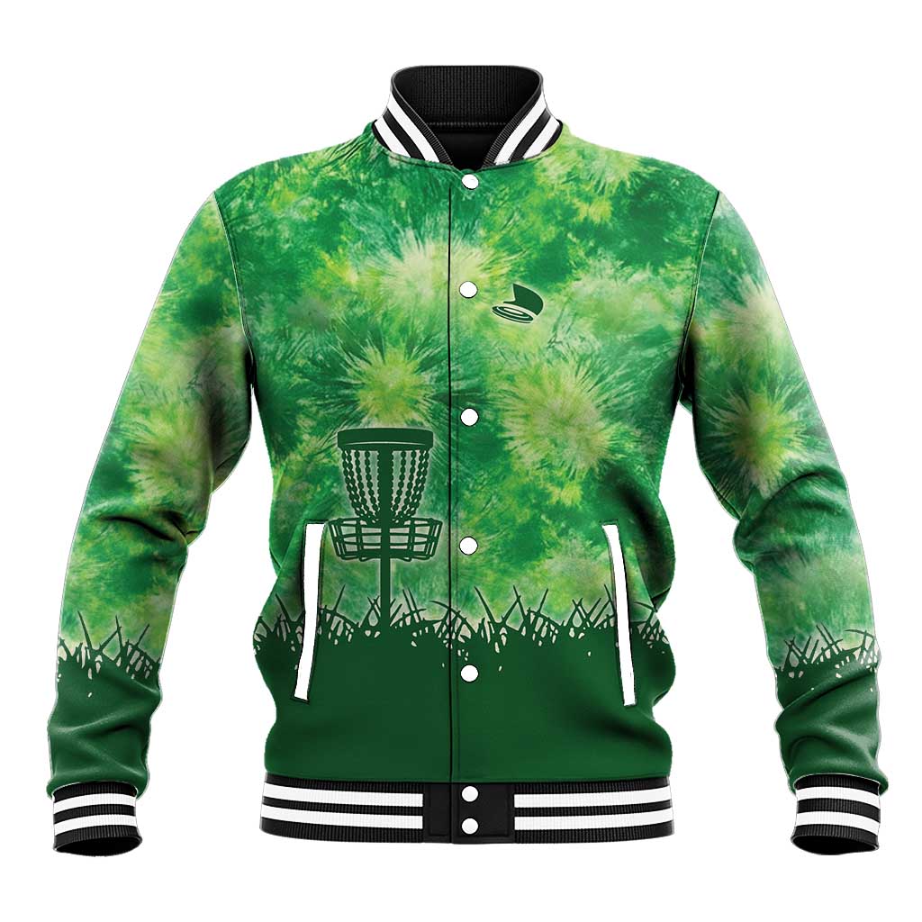 Custom Disc Golf Baseball Jacket with Green Tie Dye Basket and Player Silhouette - Wonder Print Shop