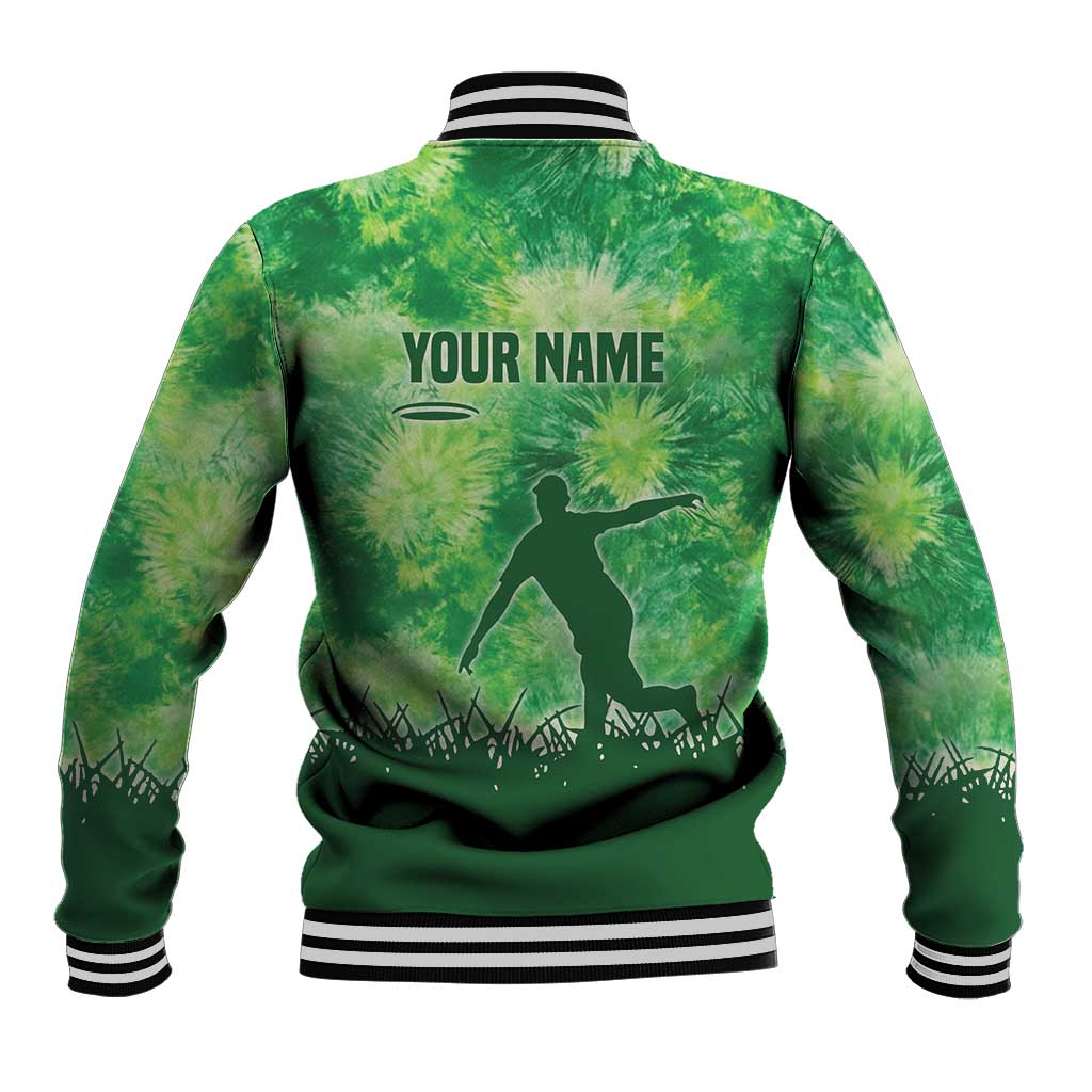 Custom Disc Golf Baseball Jacket with Green Tie Dye Basket and Player Silhouette - Wonder Print Shop