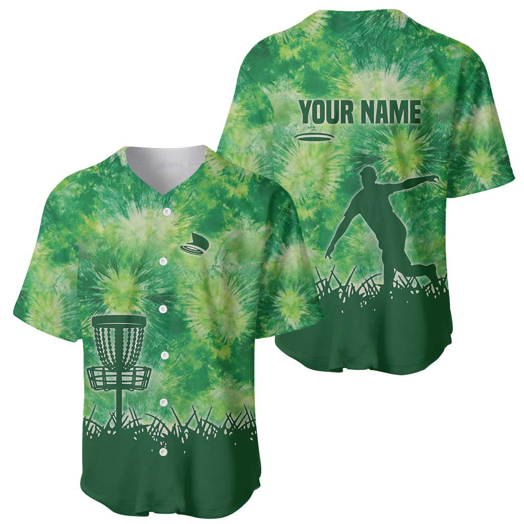 Custom Disc Golf Baseball Jersey with Green Tie Dye Basket and Player Silhouette - Wonder Print Shop