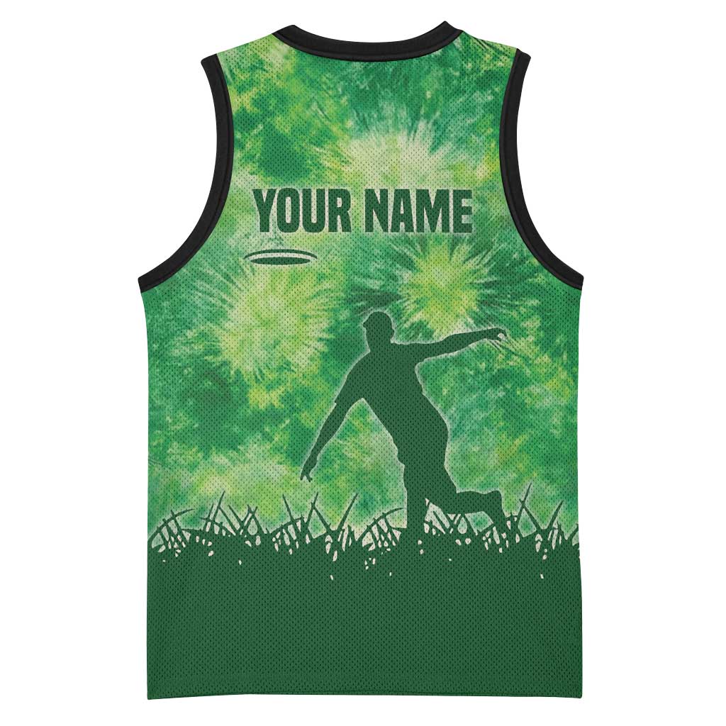 Custom Disc Golf Basketball Jersey with Green Tie Dye Basket and Player Silhouette - Wonder Print Shop