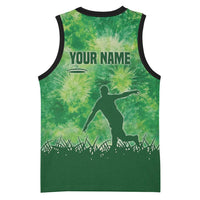 Custom Disc Golf Basketball Jersey with Green Tie Dye Basket and Player Silhouette - Wonder Print Shop