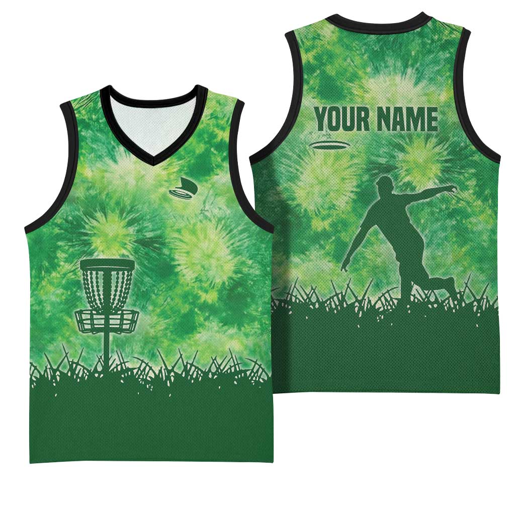 Custom Disc Golf Basketball Jersey with Green Tie Dye Basket and Player Silhouette - Wonder Print Shop