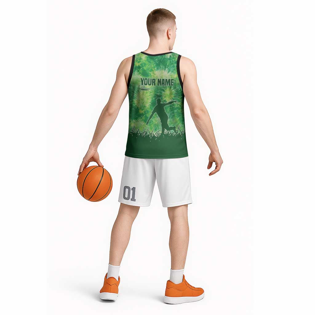 Custom Disc Golf Basketball Jersey with Green Tie Dye Basket and Player Silhouette - Wonder Print Shop