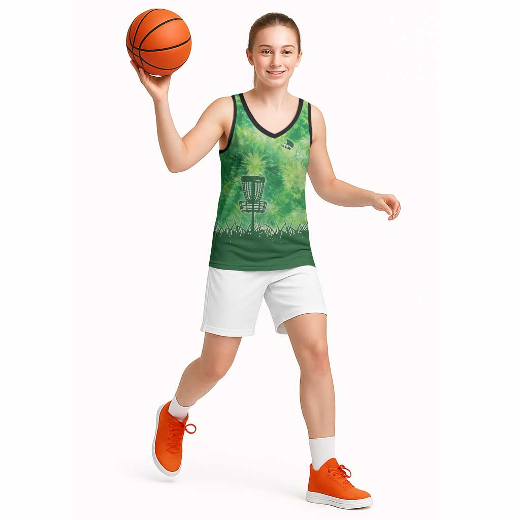 Custom Disc Golf Basketball Jersey with Green Tie Dye Basket and Player Silhouette - Wonder Print Shop