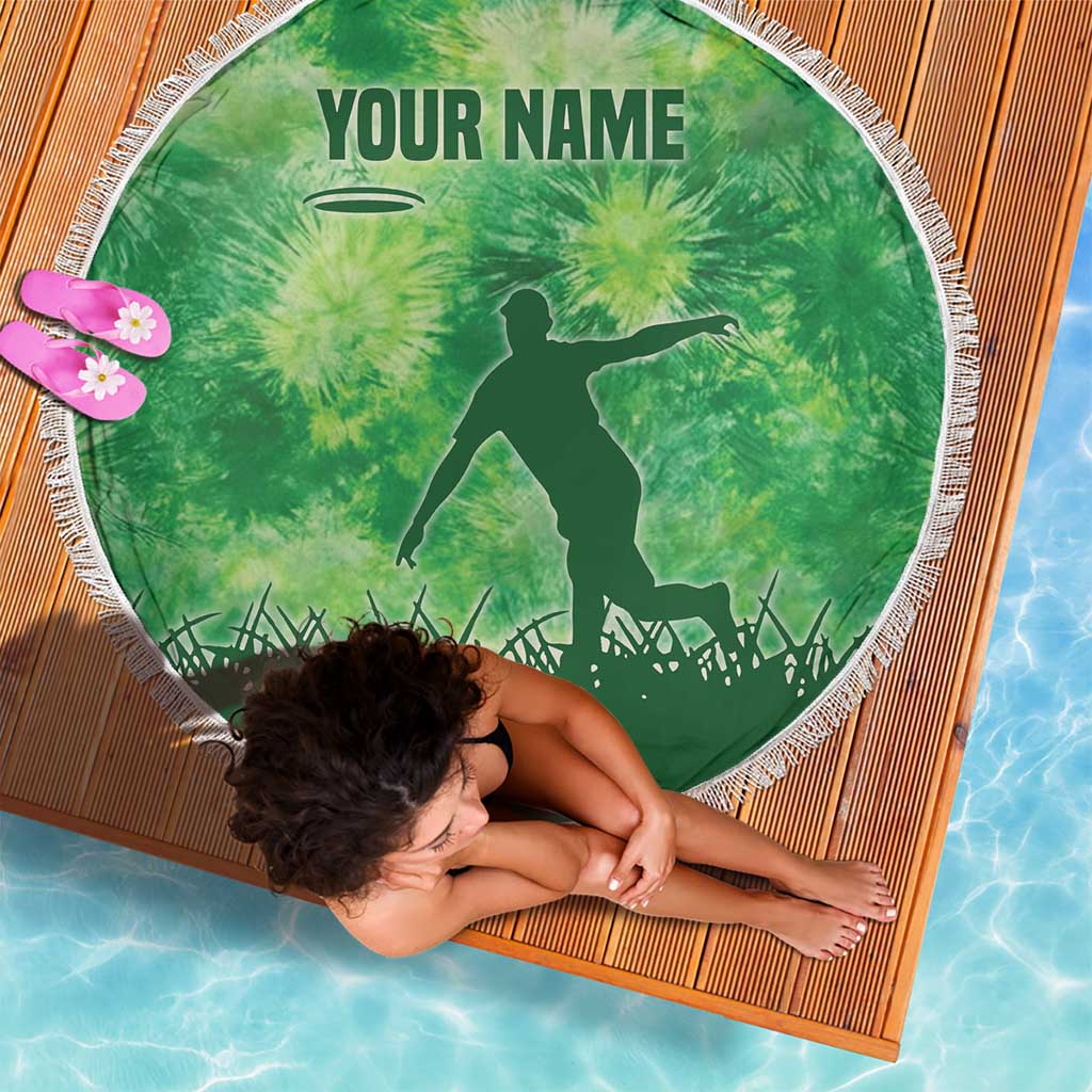 Custom Disc Golf Beach Blanket with Green Tie Dye Basket and Player Silhouette - Wonder Print Shop
