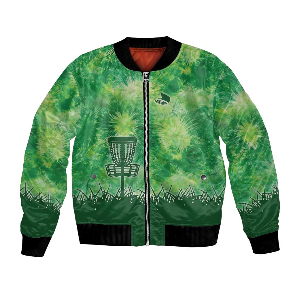 Custom Disc Golf Bomber Jacket with Green Tie Dye Basket and Player Silhouette - Wonder Print Shop