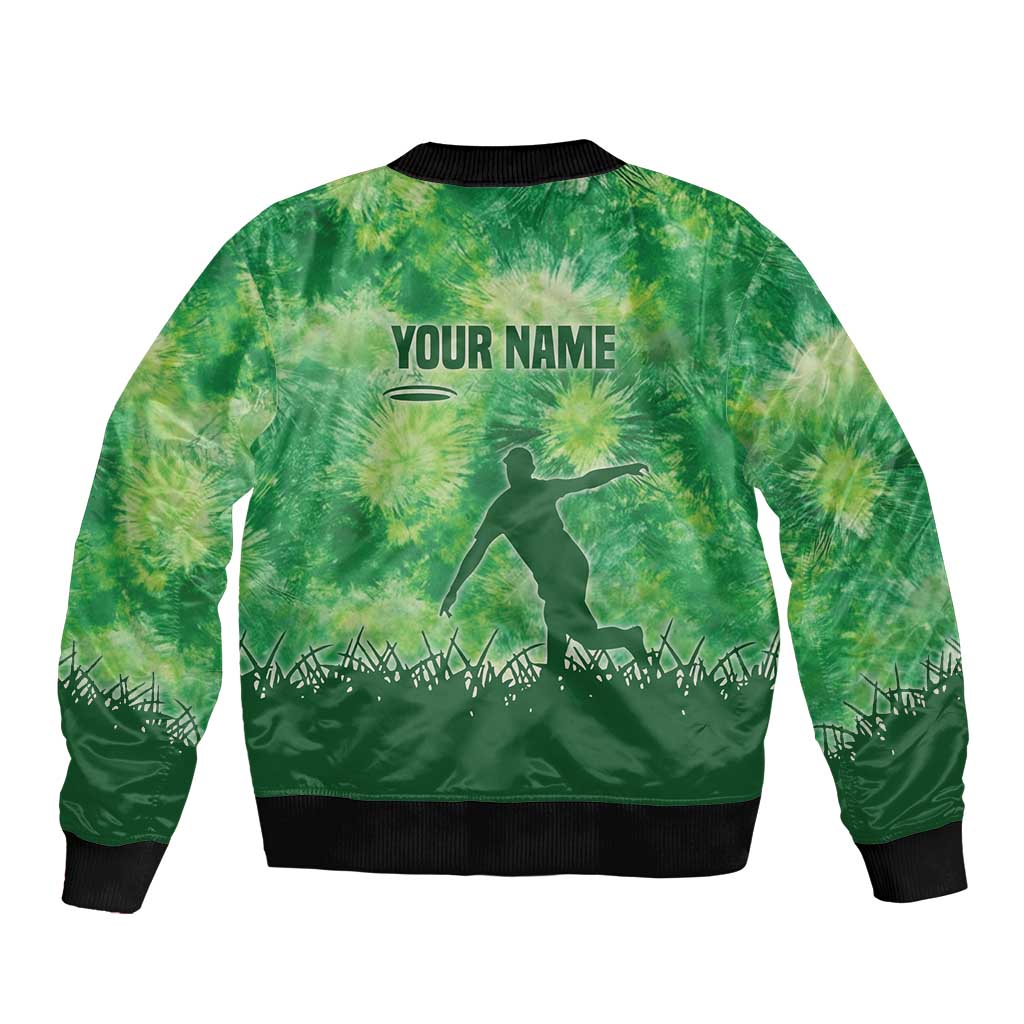 Custom Disc Golf Bomber Jacket with Green Tie Dye Basket and Player Silhouette - Wonder Print Shop