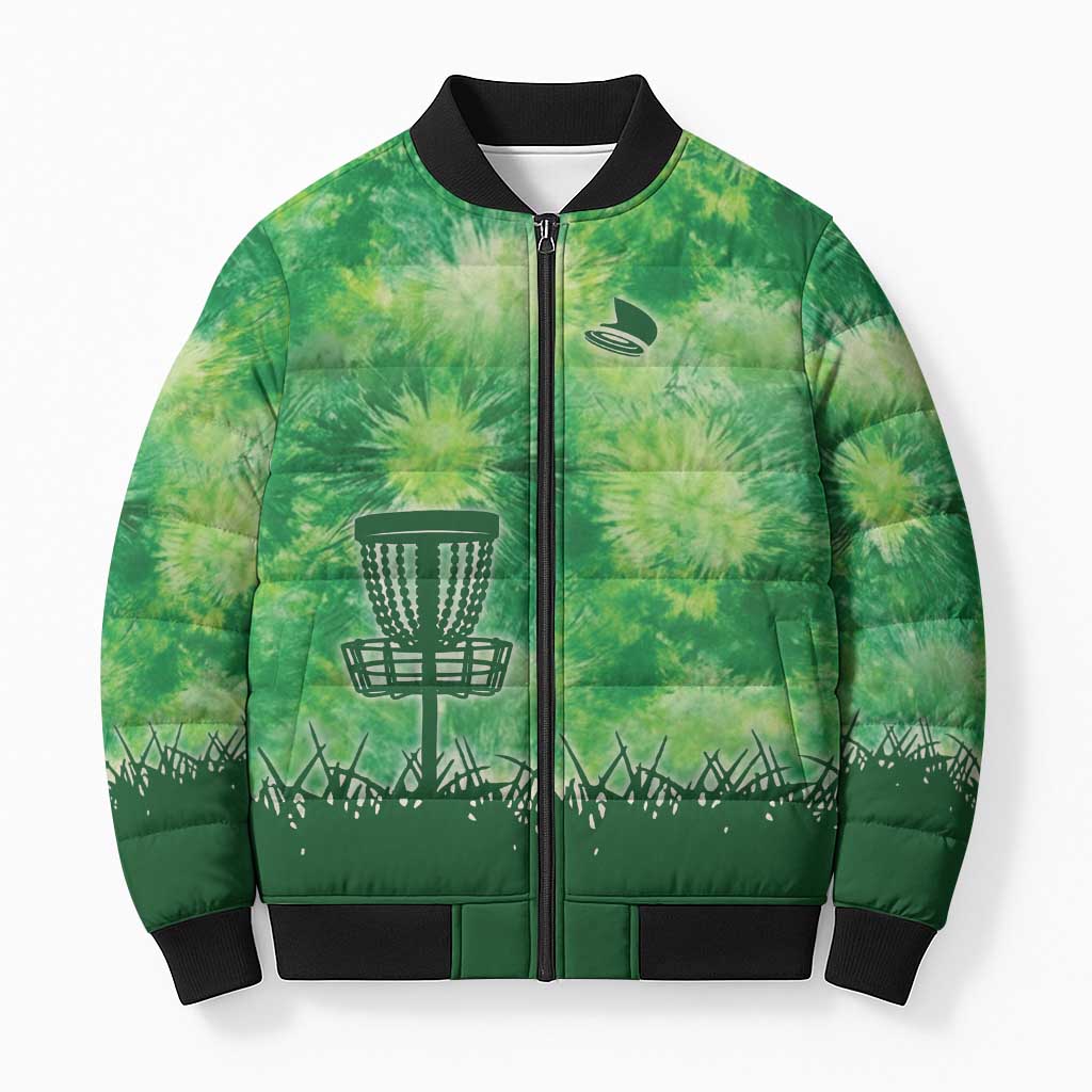 Custom Disc Golf Bomber Puffer Jacket with Green Tie Dye Basket and Player Silhouette - Wonder Print Shop