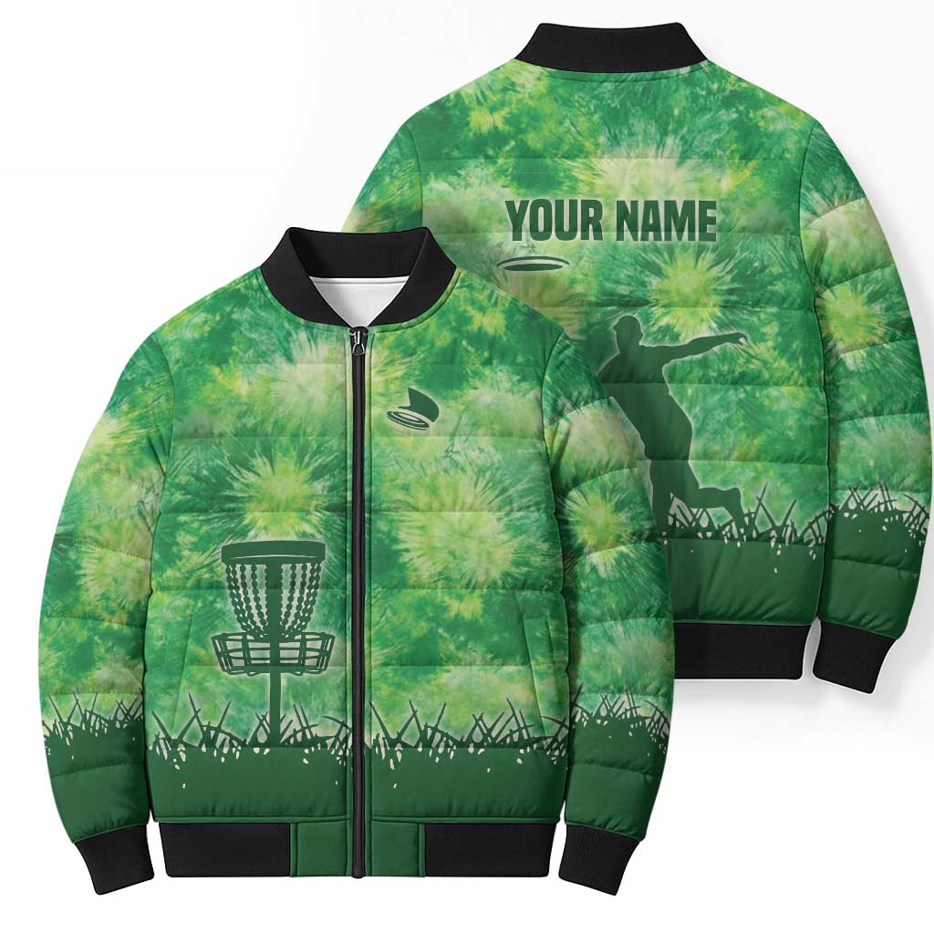 Custom Disc Golf Bomber Puffer Jacket with Green Tie Dye Basket and Player Silhouette - Wonder Print Shop