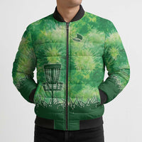 Custom Disc Golf Bomber Puffer Jacket with Green Tie Dye Basket and Player Silhouette - Wonder Print Shop