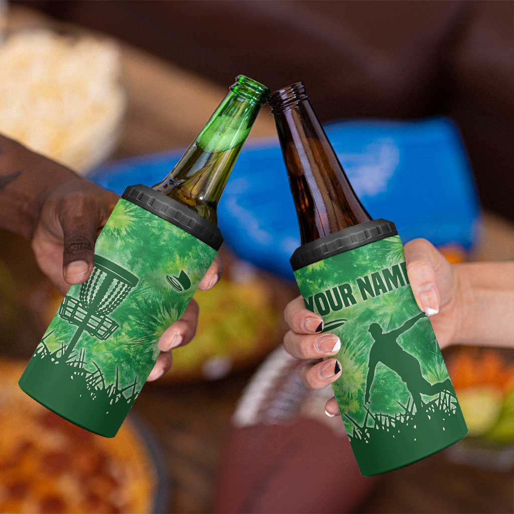 Custom Disc Golf 4 in 1 Can Cooler Tumbler with Green Tie Dye Basket and Player Silhouette - Wonder Print Shop