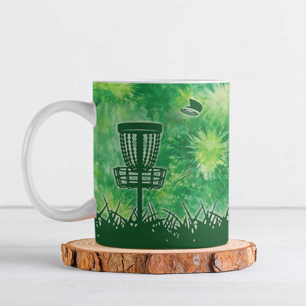 Custom Disc Golf Ceramic Mug with Green Tie Dye Basket and Player Silhouette - Wonder Print Shop
