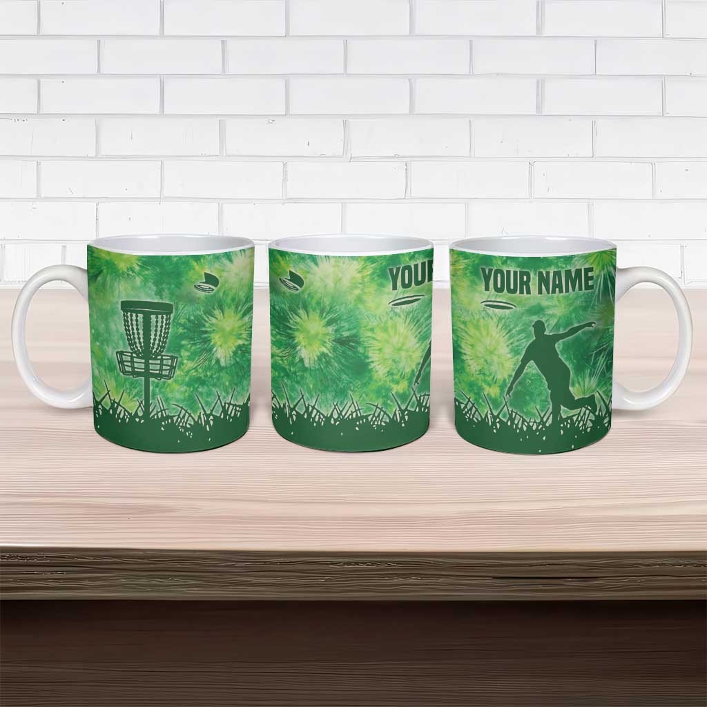 Custom Disc Golf Ceramic Mug with Green Tie Dye Basket and Player Silhouette - Wonder Print Shop