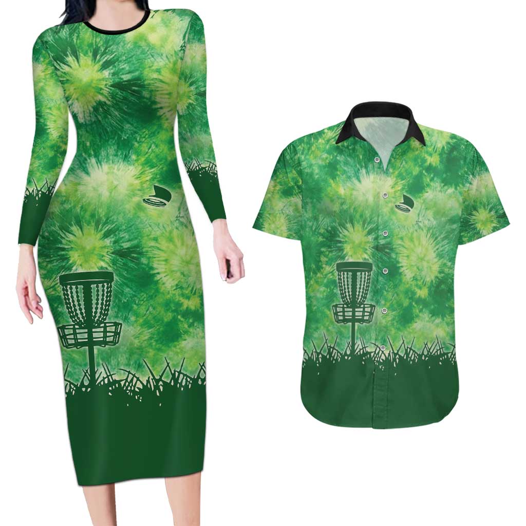Custom Disc Golf Couples Matching Long Sleeve Bodycon Dress and Hawaiian Shirt with Green Tie Dye Basket and Player Silhouette - Wonder Print Shop