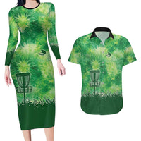 Custom Disc Golf Couples Matching Long Sleeve Bodycon Dress and Hawaiian Shirt with Green Tie Dye Basket and Player Silhouette - Wonder Print Shop