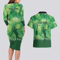 Custom Disc Golf Couples Matching Long Sleeve Bodycon Dress and Hawaiian Shirt with Green Tie Dye Basket and Player Silhouette - Wonder Print Shop