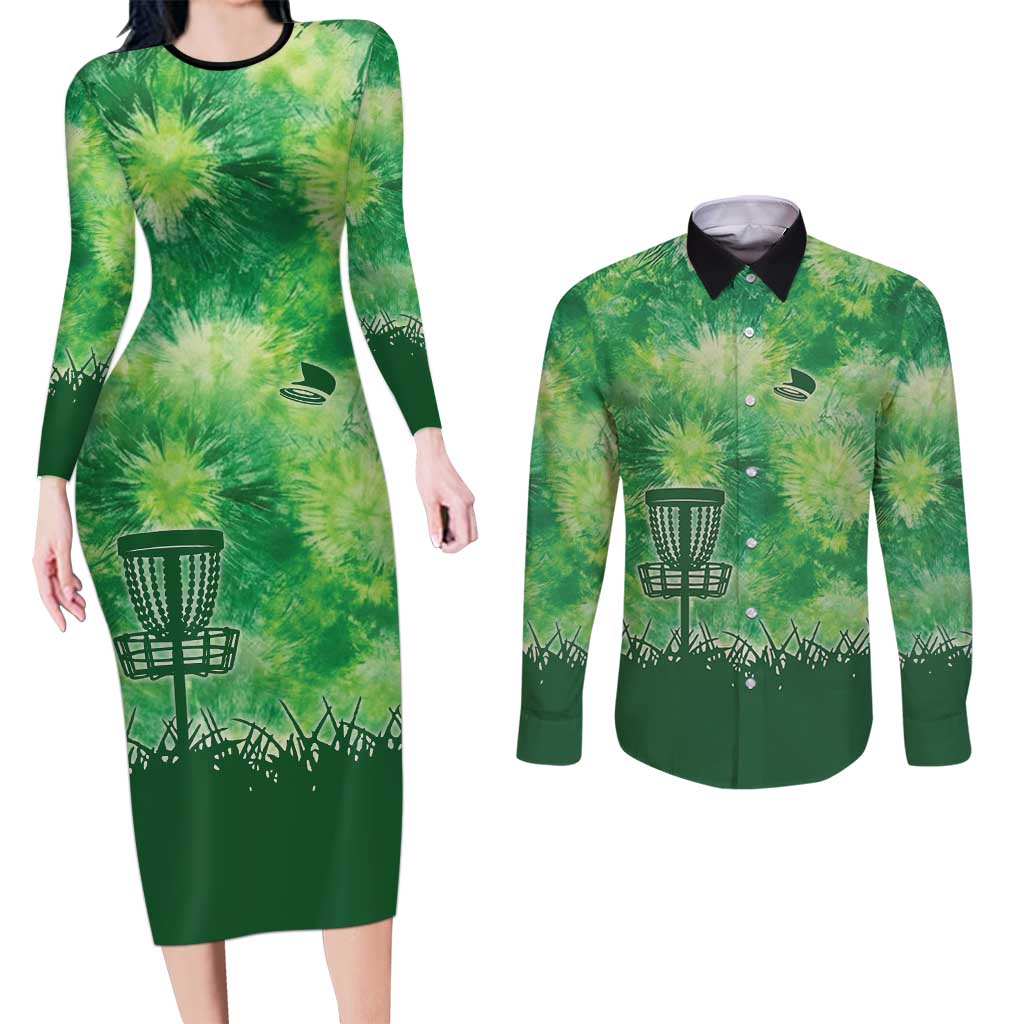 Custom Disc Golf Couples Matching Long Sleeve Bodycon Dress and Long Sleeve Button Shirt with Green Tie Dye Basket and Player Silhouette - Wonder Print Shop