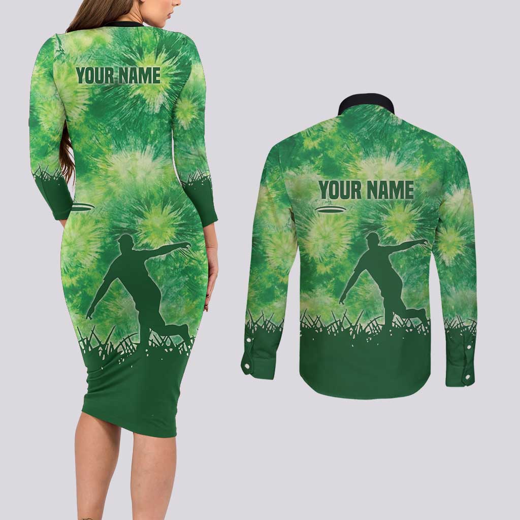 Custom Disc Golf Couples Matching Long Sleeve Bodycon Dress and Long Sleeve Button Shirt with Green Tie Dye Basket and Player Silhouette - Wonder Print Shop