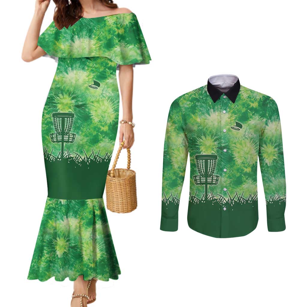 Custom Disc Golf Couples Matching Mermaid Dress and Long Sleeve Button Shirt with Green Tie Dye Basket and Player Silhouette - Wonder Print Shop
