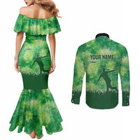 Custom Disc Golf Couples Matching Mermaid Dress and Long Sleeve Button Shirt with Green Tie Dye Basket and Player Silhouette - Wonder Print Shop