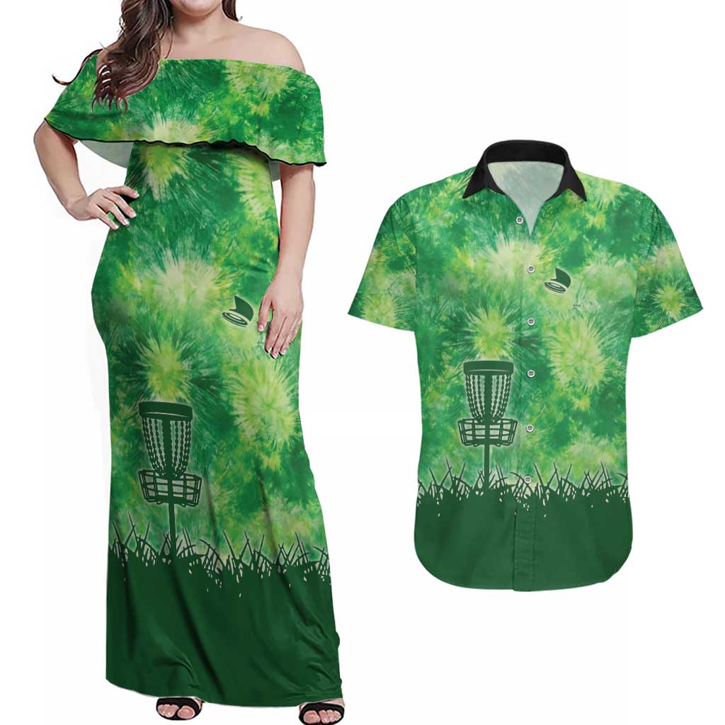 Custom Disc Golf Couples Matching Off Shoulder Maxi Dress and Hawaiian Shirt with Green Tie Dye Basket and Player Silhouette - Wonder Print Shop