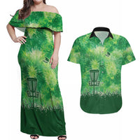 Custom Disc Golf Couples Matching Off Shoulder Maxi Dress and Hawaiian Shirt with Green Tie Dye Basket and Player Silhouette - Wonder Print Shop