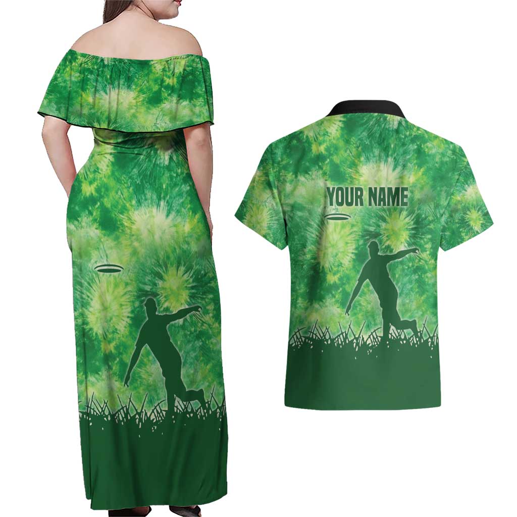 Custom Disc Golf Couples Matching Off Shoulder Maxi Dress and Hawaiian Shirt with Green Tie Dye Basket and Player Silhouette - Wonder Print Shop