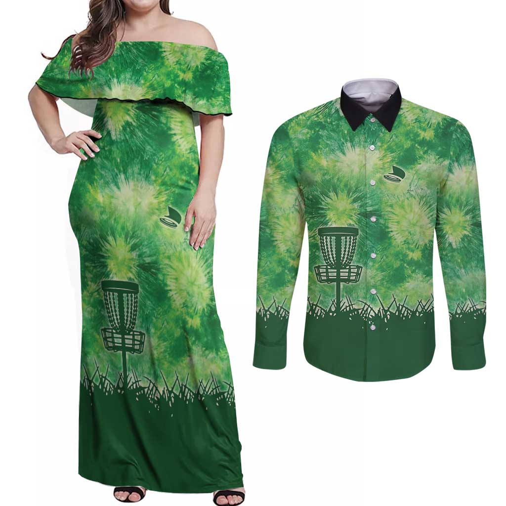 Custom Disc Golf Couples Matching Off Shoulder Maxi Dress and Long Sleeve Button Shirt with Green Tie Dye Basket and Player Silhouette - Wonder Print Shop