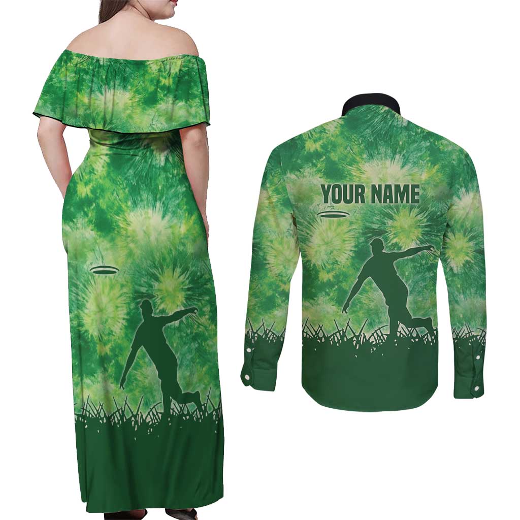 Custom Disc Golf Couples Matching Off Shoulder Maxi Dress and Long Sleeve Button Shirt with Green Tie Dye Basket and Player Silhouette - Wonder Print Shop