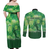 Custom Disc Golf Couples Matching Off Shoulder Maxi Dress and Long Sleeve Button Shirt with Green Tie Dye Basket and Player Silhouette - Wonder Print Shop