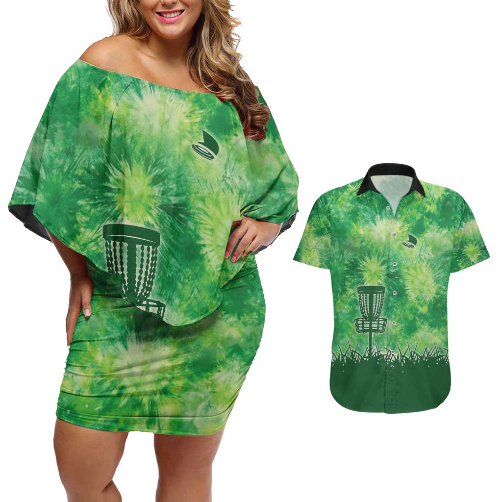 Custom Disc Golf Couples Matching Off Shoulder Short Dress and Hawaiian Shirt with Green Tie Dye Basket and Player Silhouette - Wonder Print Shop