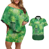 Custom Disc Golf Couples Matching Off Shoulder Short Dress and Hawaiian Shirt with Green Tie Dye Basket and Player Silhouette - Wonder Print Shop