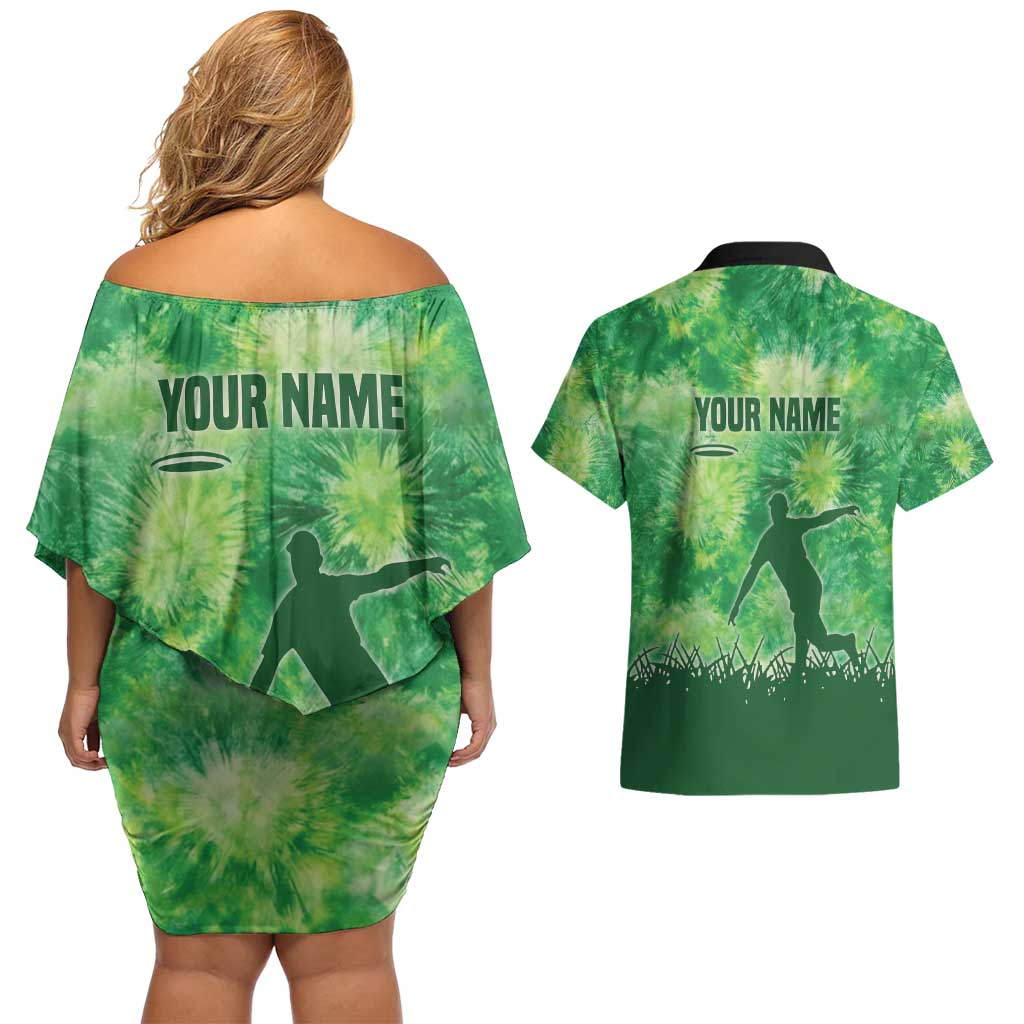 Custom Disc Golf Couples Matching Off Shoulder Short Dress and Hawaiian Shirt with Green Tie Dye Basket and Player Silhouette - Wonder Print Shop