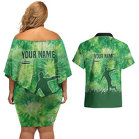 Custom Disc Golf Couples Matching Off Shoulder Short Dress and Hawaiian Shirt with Green Tie Dye Basket and Player Silhouette - Wonder Print Shop